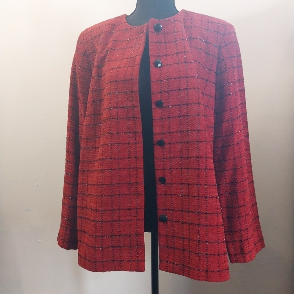 Alfred Dunner Button Front Blazer Suit Jacket Check Plaid Shimmer Red Black 12 - Picture 2 of 8
